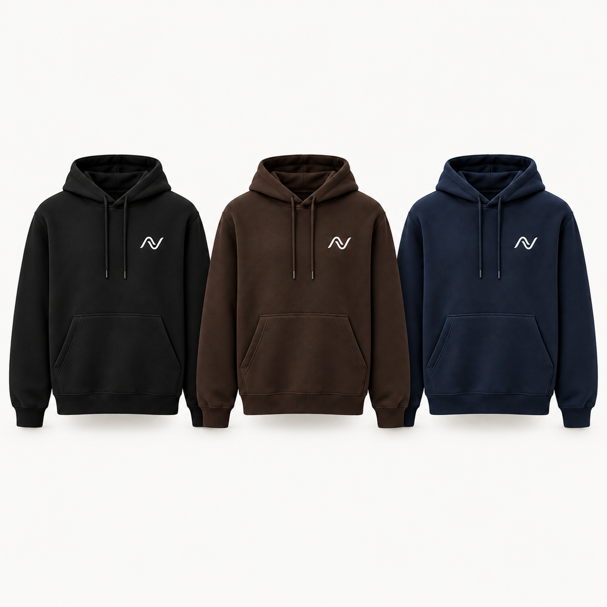 Cores do hoodie NORTEA: preto, marrom e azul-marinho