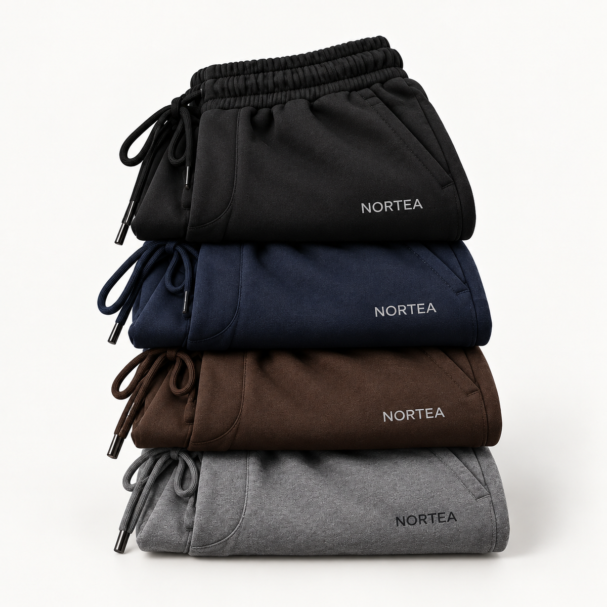 Cores da jogger NORTEA: preto, azul-marinho, marrom e cinza