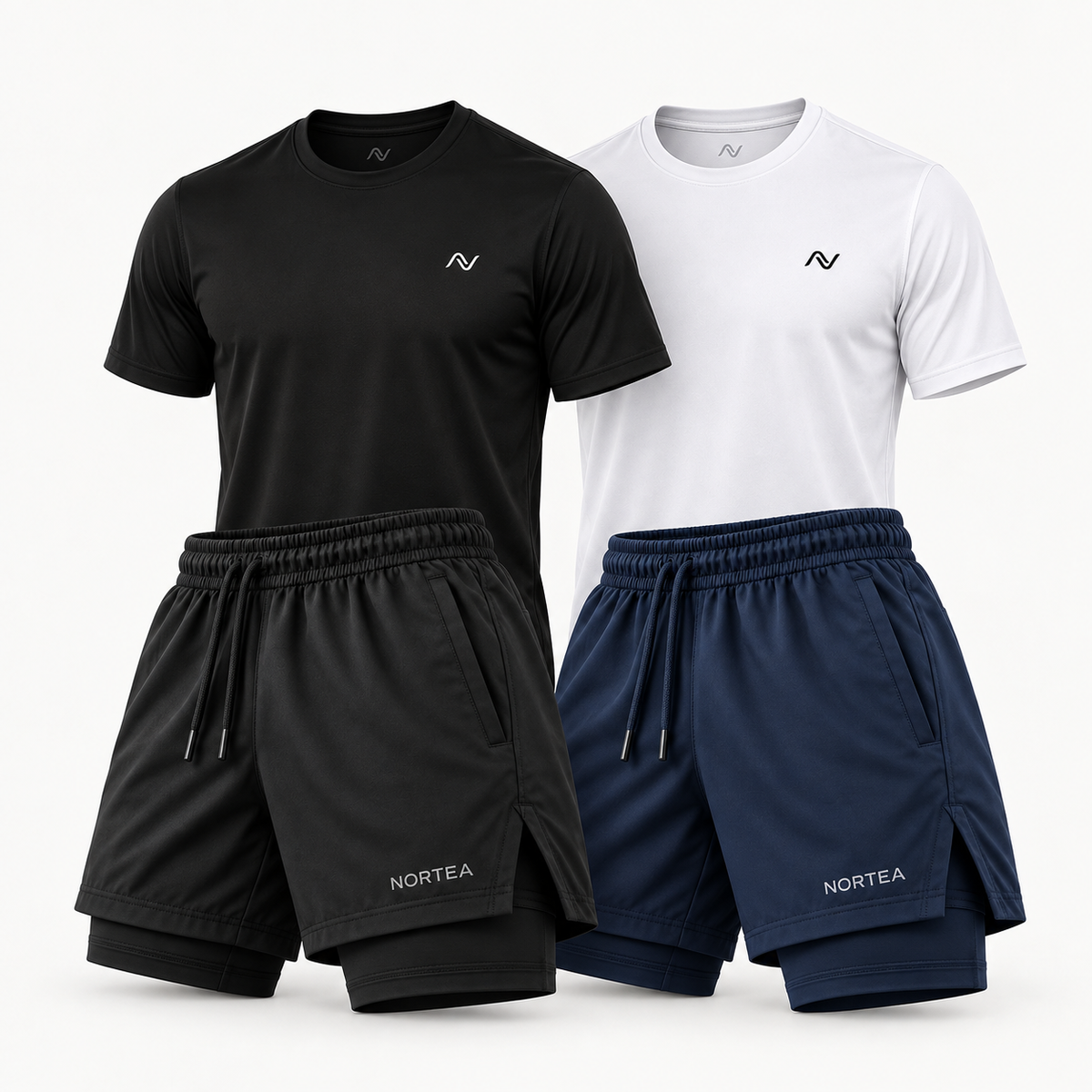 Kit Performance NORTEA com duas camisetas e dois Shorts 2 em 1 em estúdio