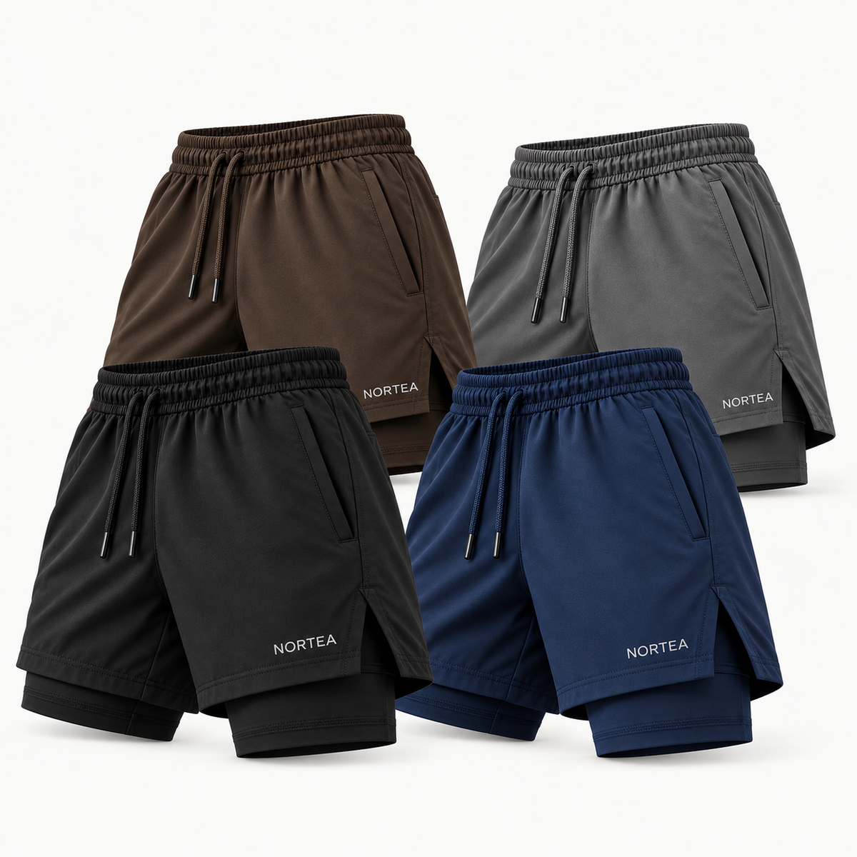 Cores disponíveis dos Shorts 2 em 1 NORTEA: preto, azul, marrom e cinza