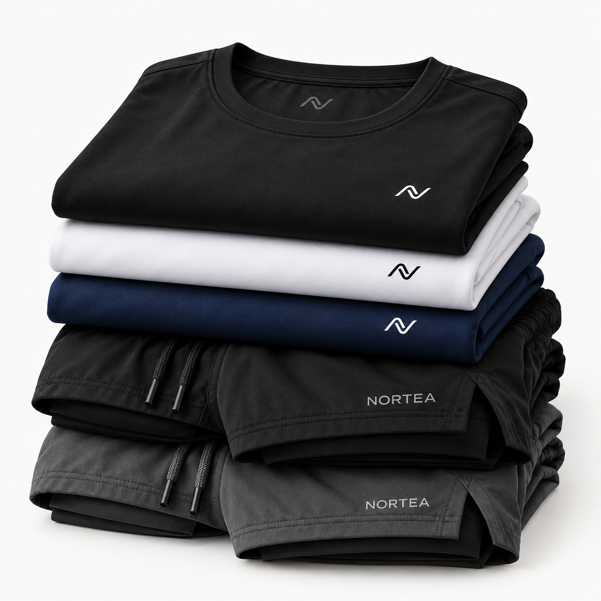 Pilha com camisetas Performance Dry e Shorts 2 em 1 NORTEA