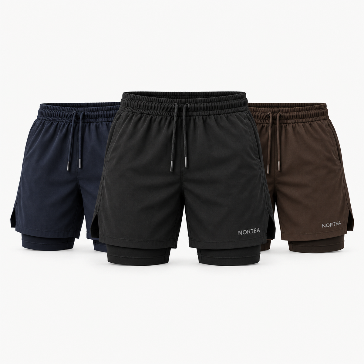 Kit 3 Shorts 2 em 1 NORTEA em preto, azul e marrom