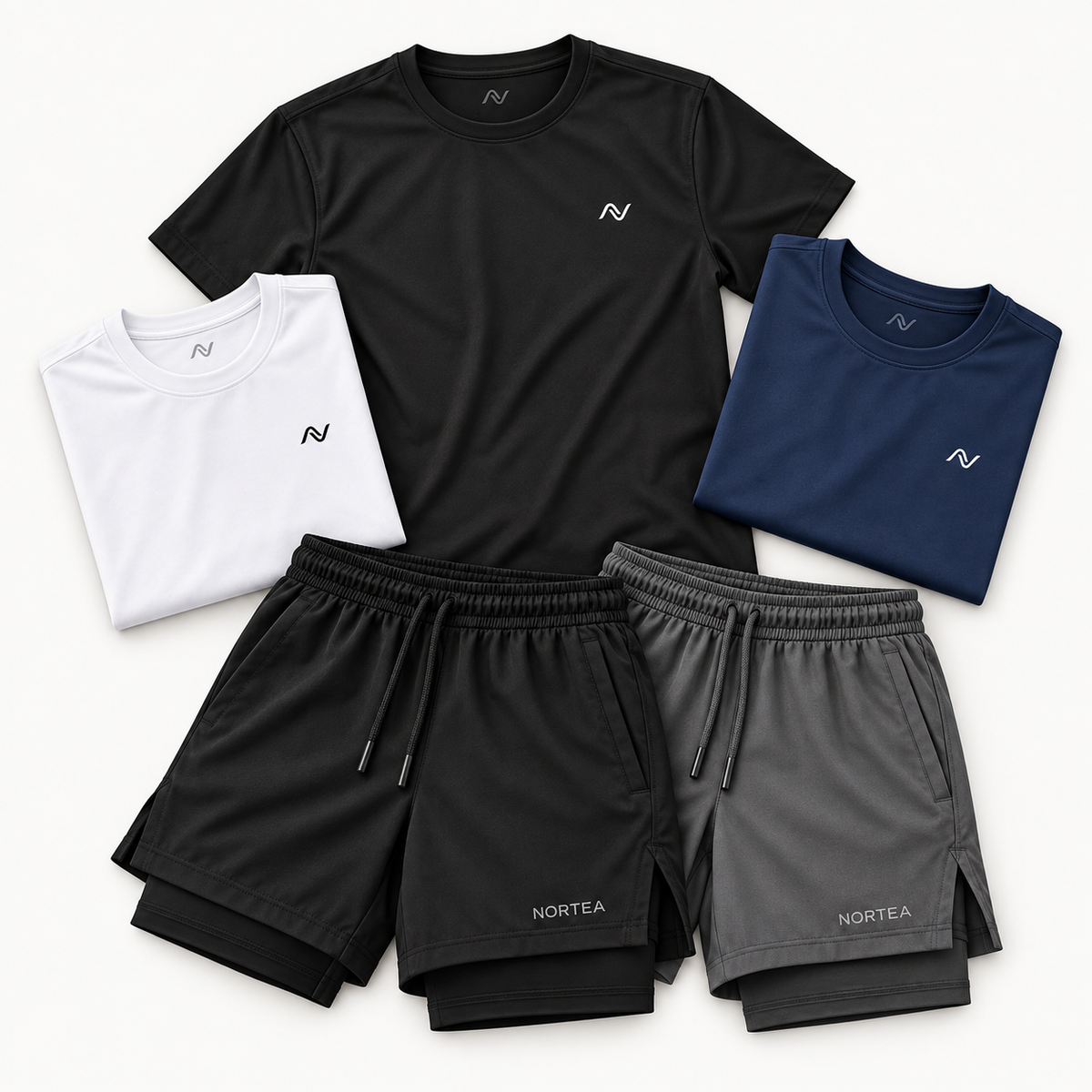 Composição flat lay do Kit Semana NORTEA com 3 camisetas e 2 Shorts 2 em 1
