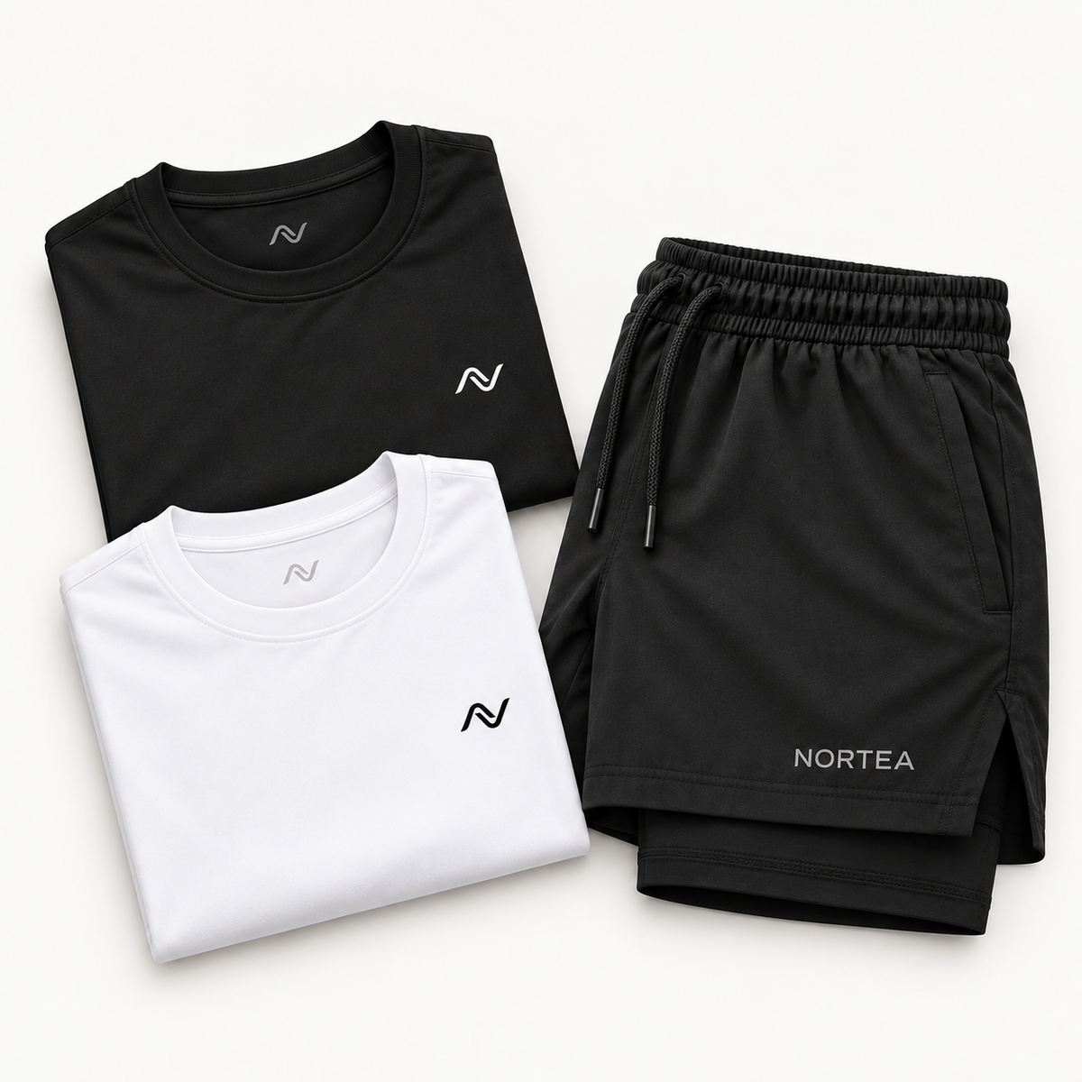 Duas camisetas Performance Dry e um Short 2 em 1 NORTEA em flat lay